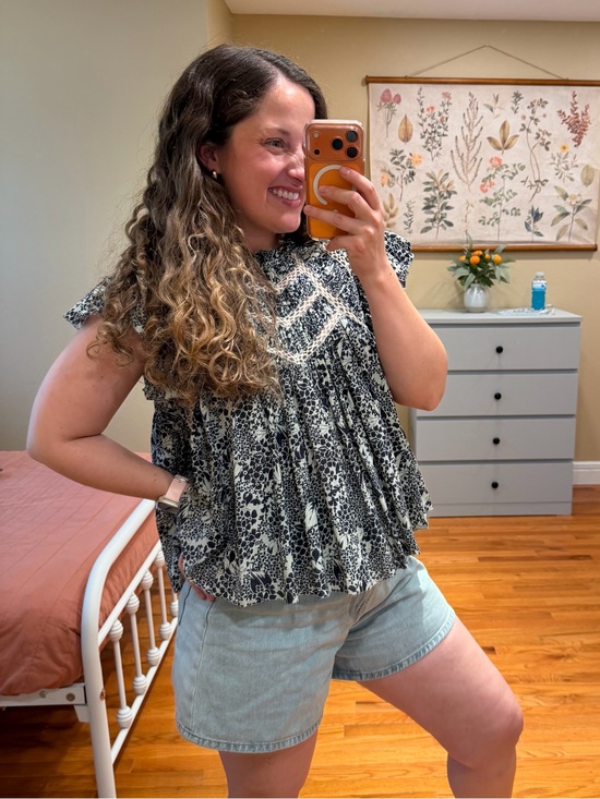 Sea New York Tops - Sea New York Cotton Smocked Flutter-Sleeve Floral Boho Top Navy Blue Green Large
